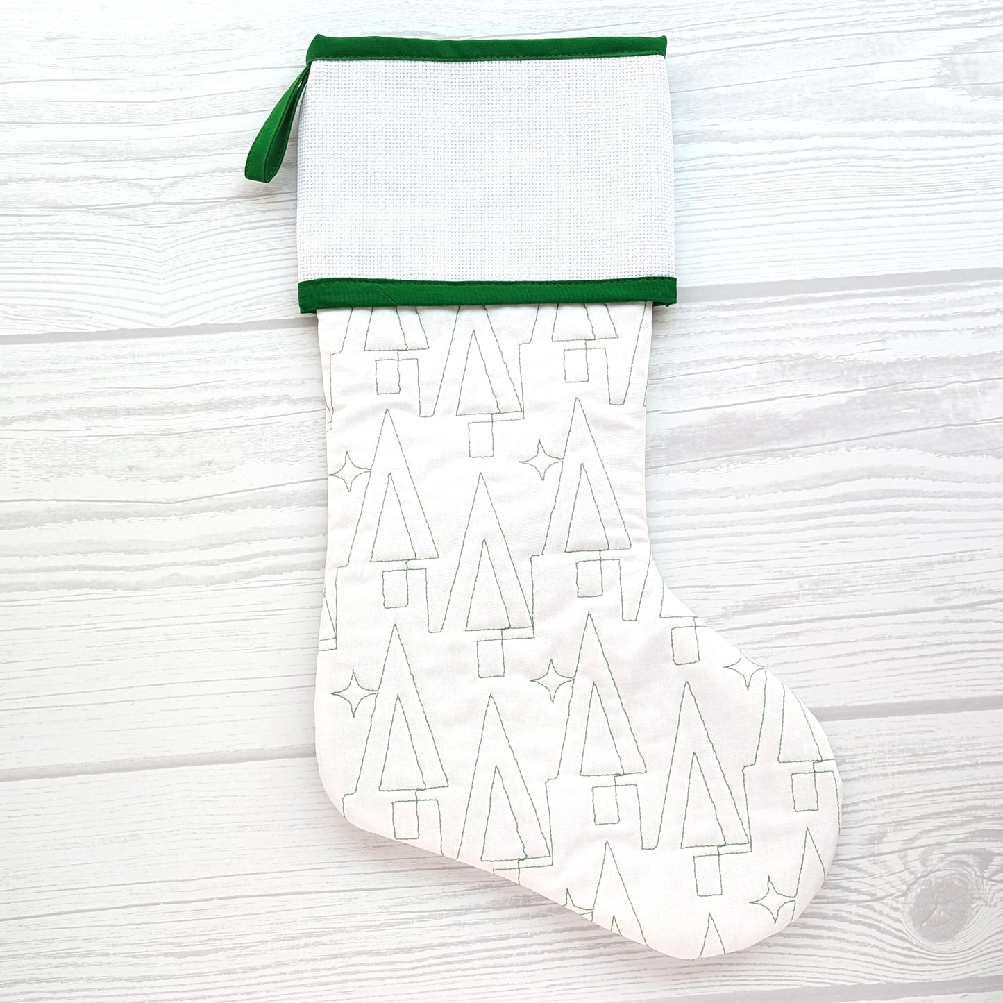 Green or White Christmas stocking with blank cross stitch cuff