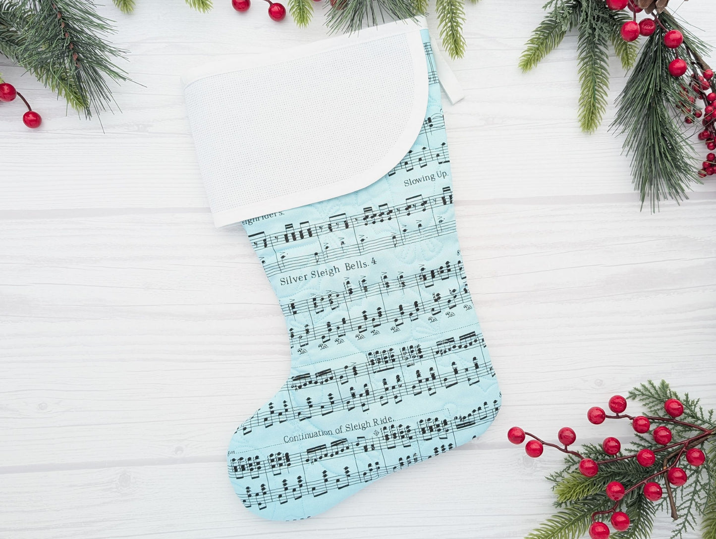 aqua blue music quilted Christmas stocking for musician with blank aida cross stitch cuff