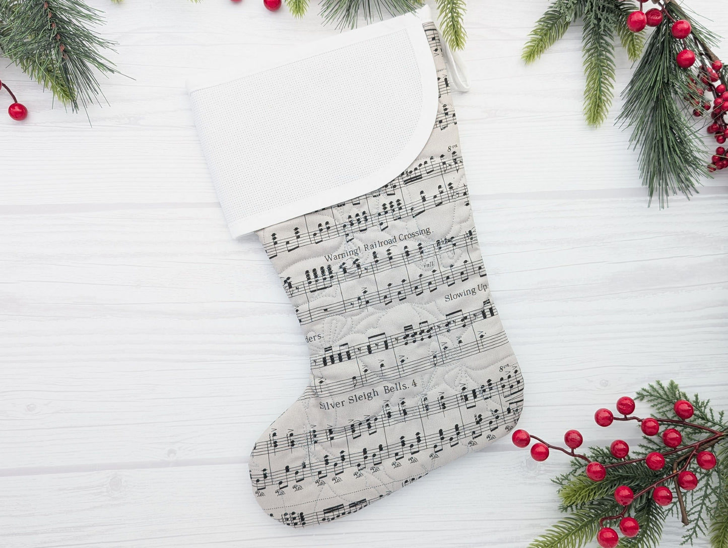 gray music quilted Christmas stocking for musician with blank aida cross stitch cuff