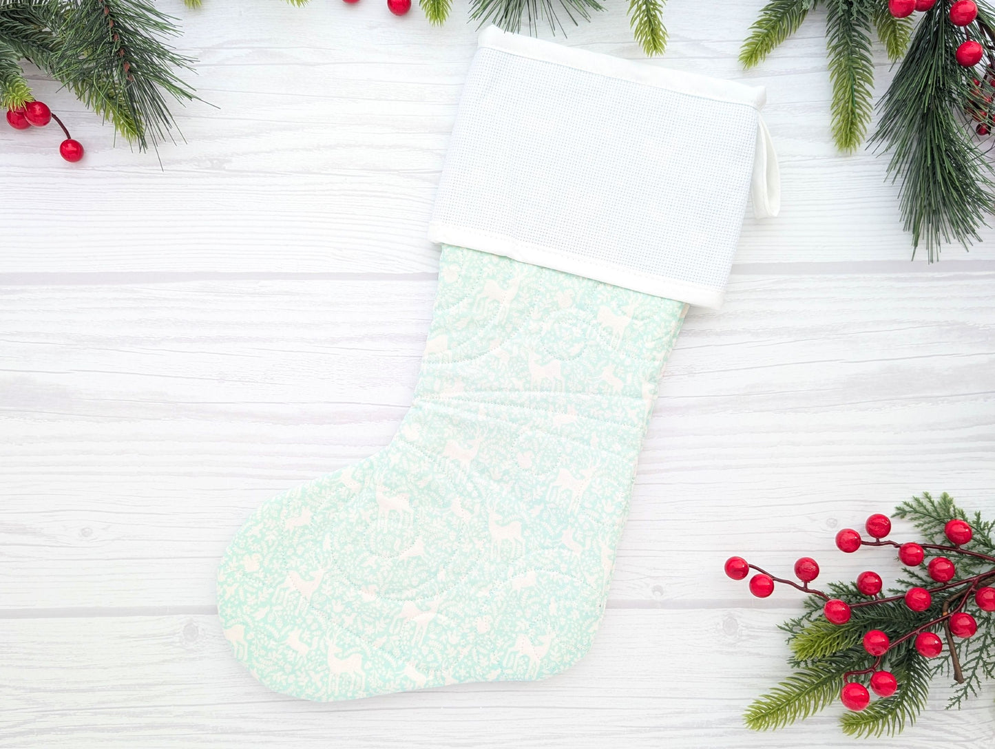 mint deer quilted Christmas stocking with blank cross stitch Aida cuff
