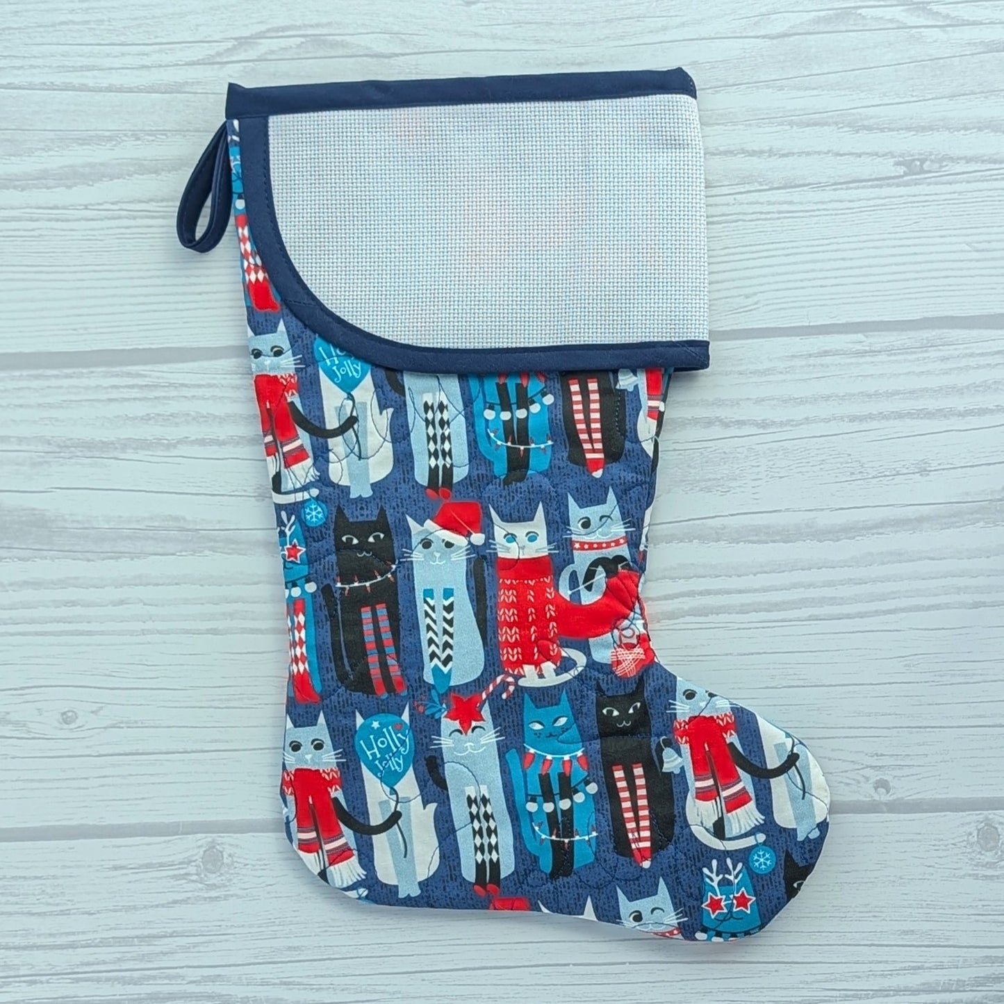 navy cats christmas stocking cross stitch cuff