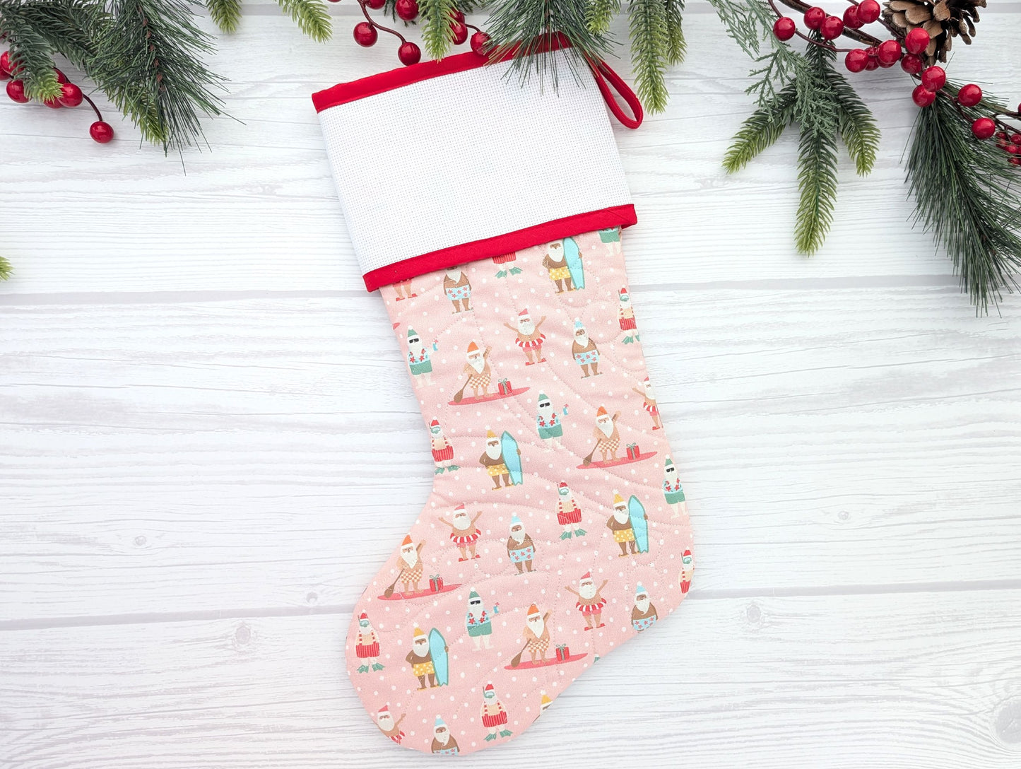 pink santa beach quilted Christmas stocking with blank Aida cross stitch cuff