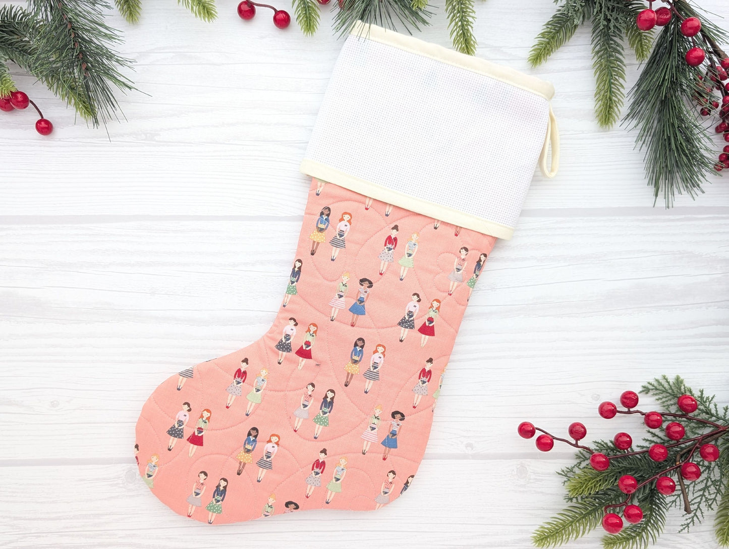 pink sisters LDS Missionary quilted Christmas stocking with blank cross stitch Aida cuff
