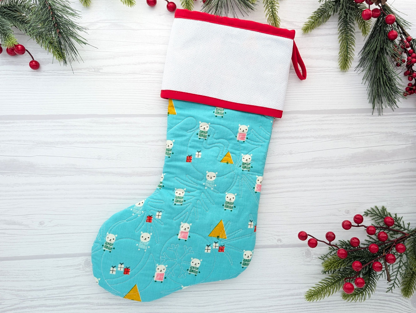 quilted Christmas stocking with blank cross stitch Aida cuff