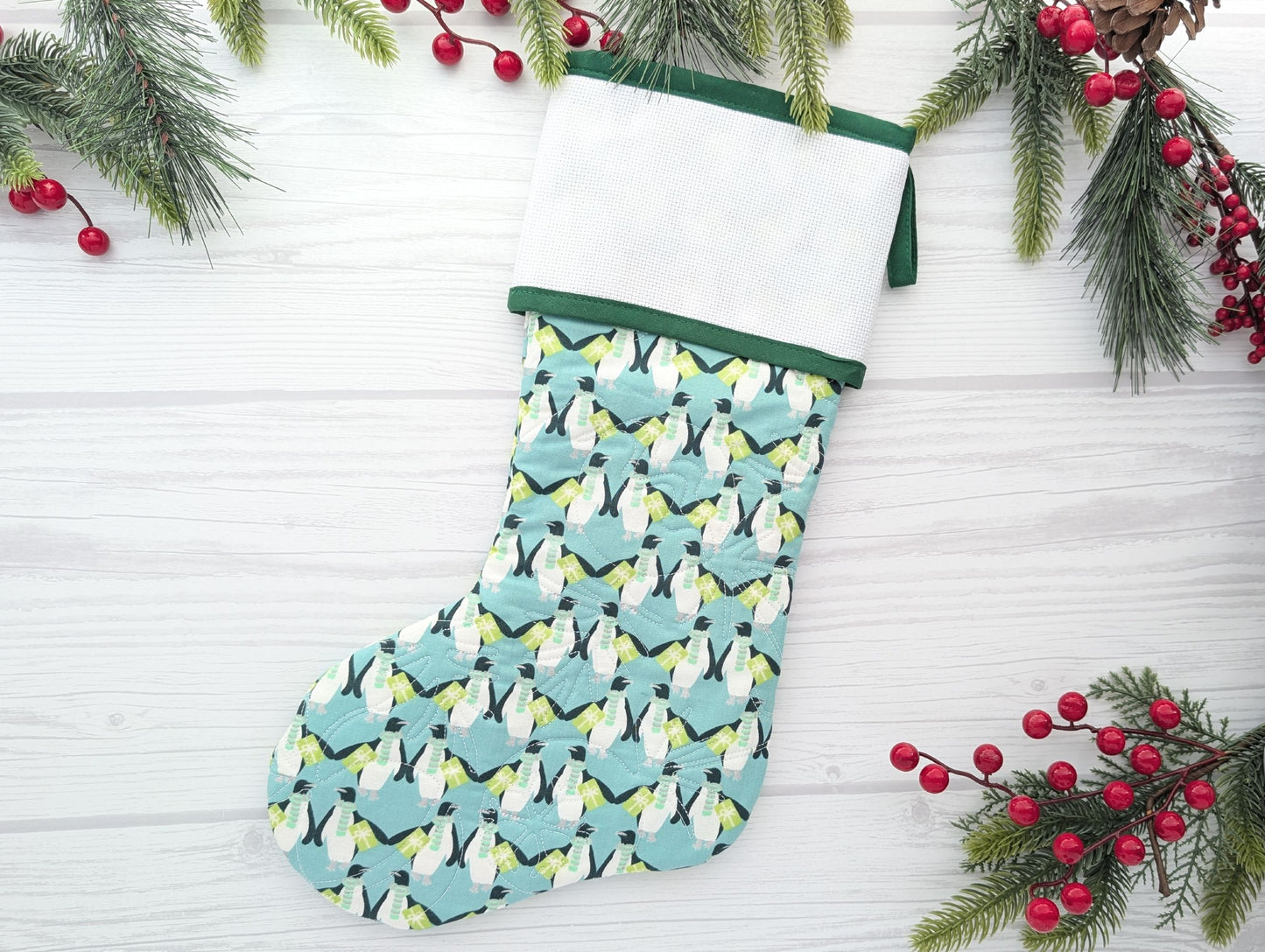 quilted Christmas stocking with blank cross stitch Aida cuff