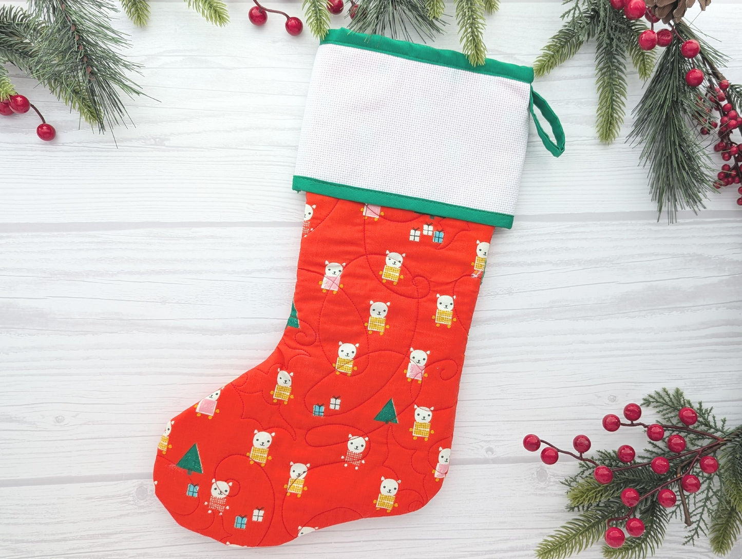 quilted Christmas stocking with blank cross stitch Aida cuff
