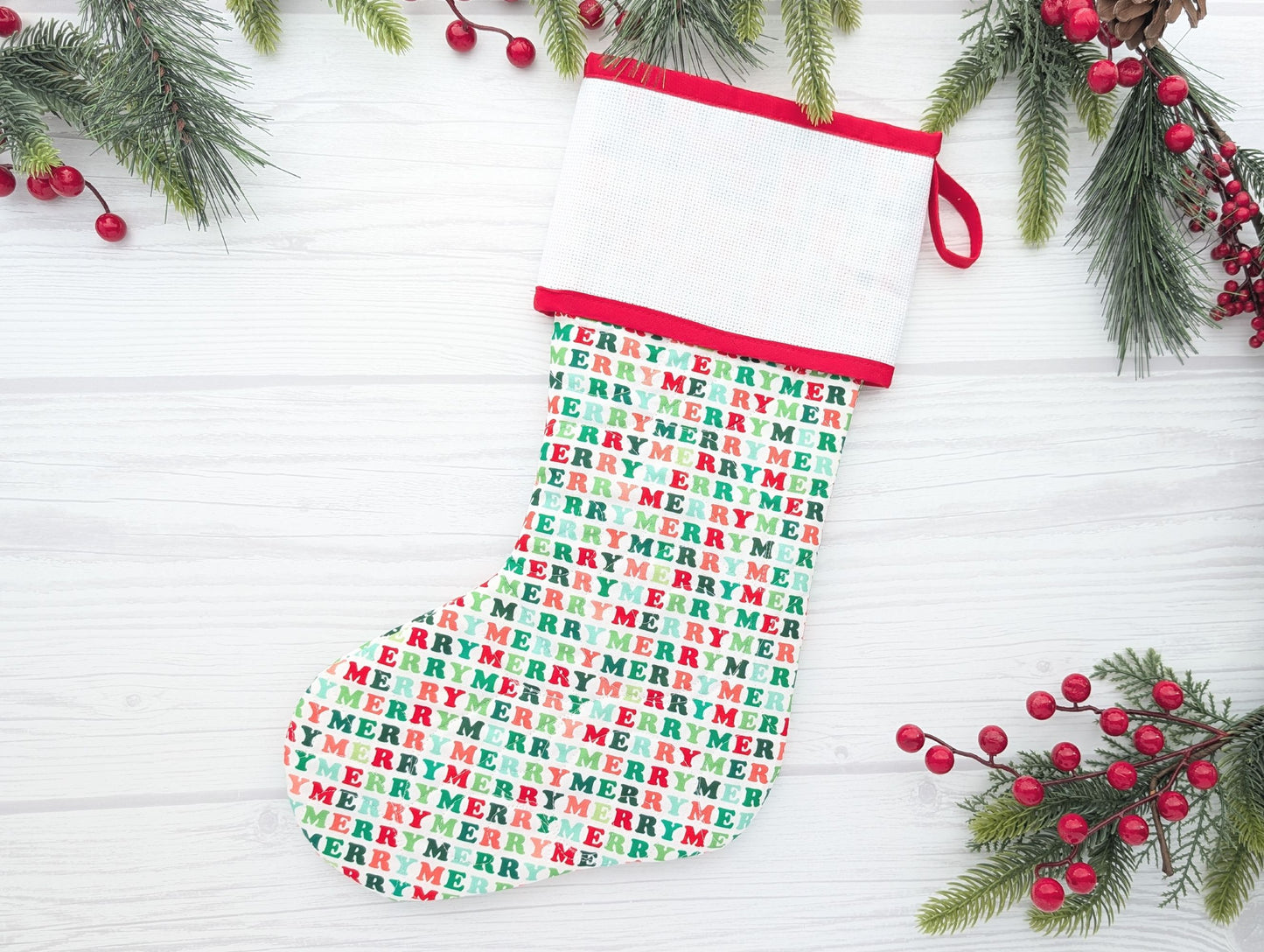quilted Christmas stocking with blank cross stitch Aida cuff