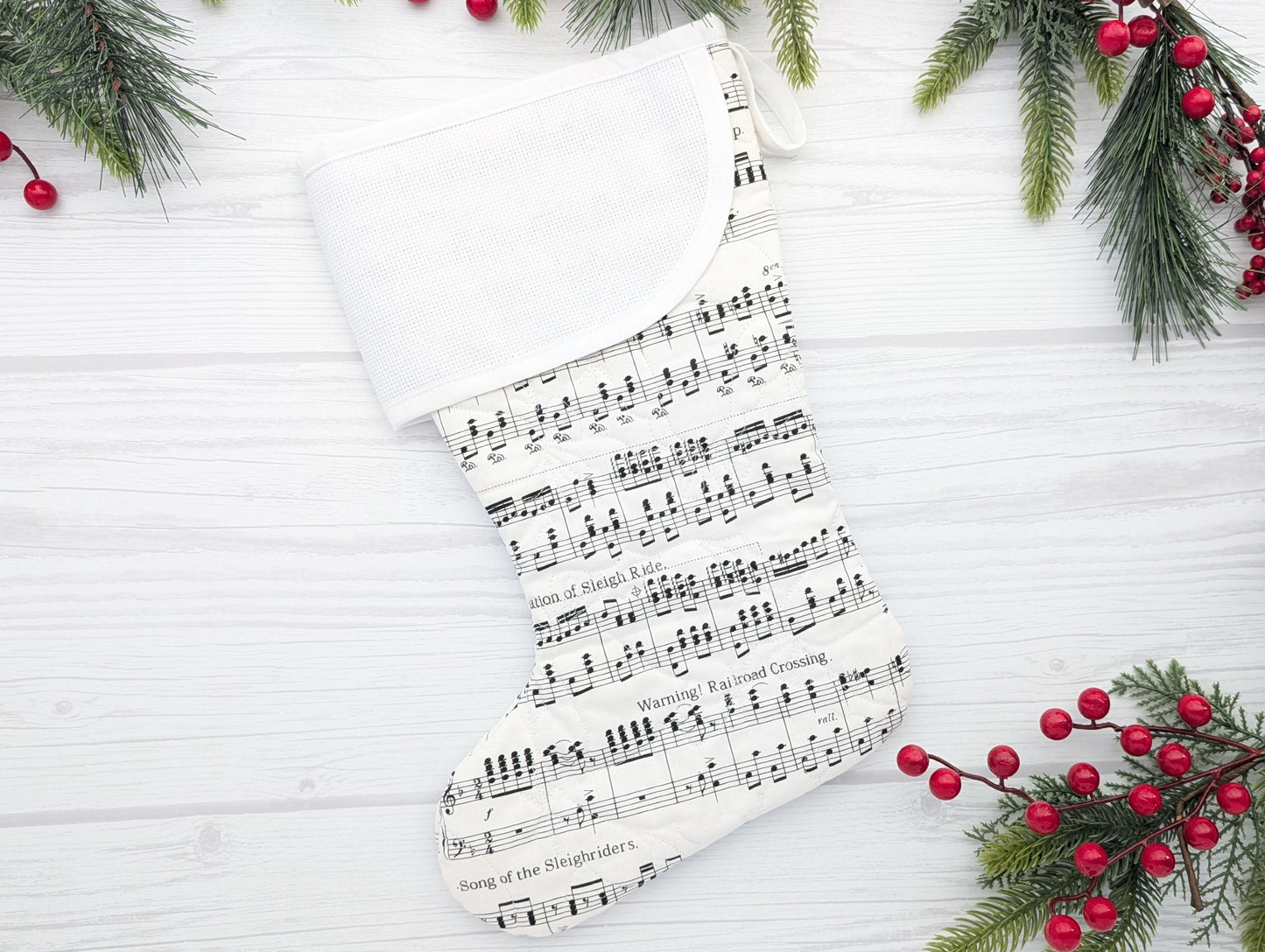 white music quilted Christmas stocking for musician with blank aida cross stitch cuff