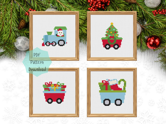 Christmas Cross Stitch Pattern Set - 2 sizes per motif | Perfect for Stocking Cuffs or Holiday Ornaments | Holiday Train Car Set 2