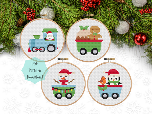 Christmas Cross Stitch Pattern Set - 2 sizes per motif | Perfect for Stocking Cuffs or Holiday Ornaments | Holiday Train Cars Set  1