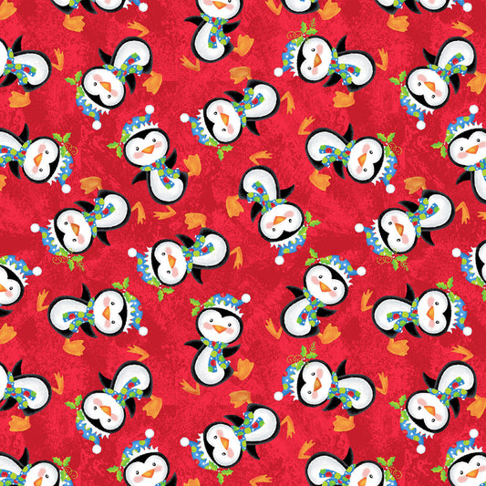 Christmas Stocking with Blank Cross Stitchable Aida Cuff | Quilted and Fully Lined - Jolly Good Time Penguins Red