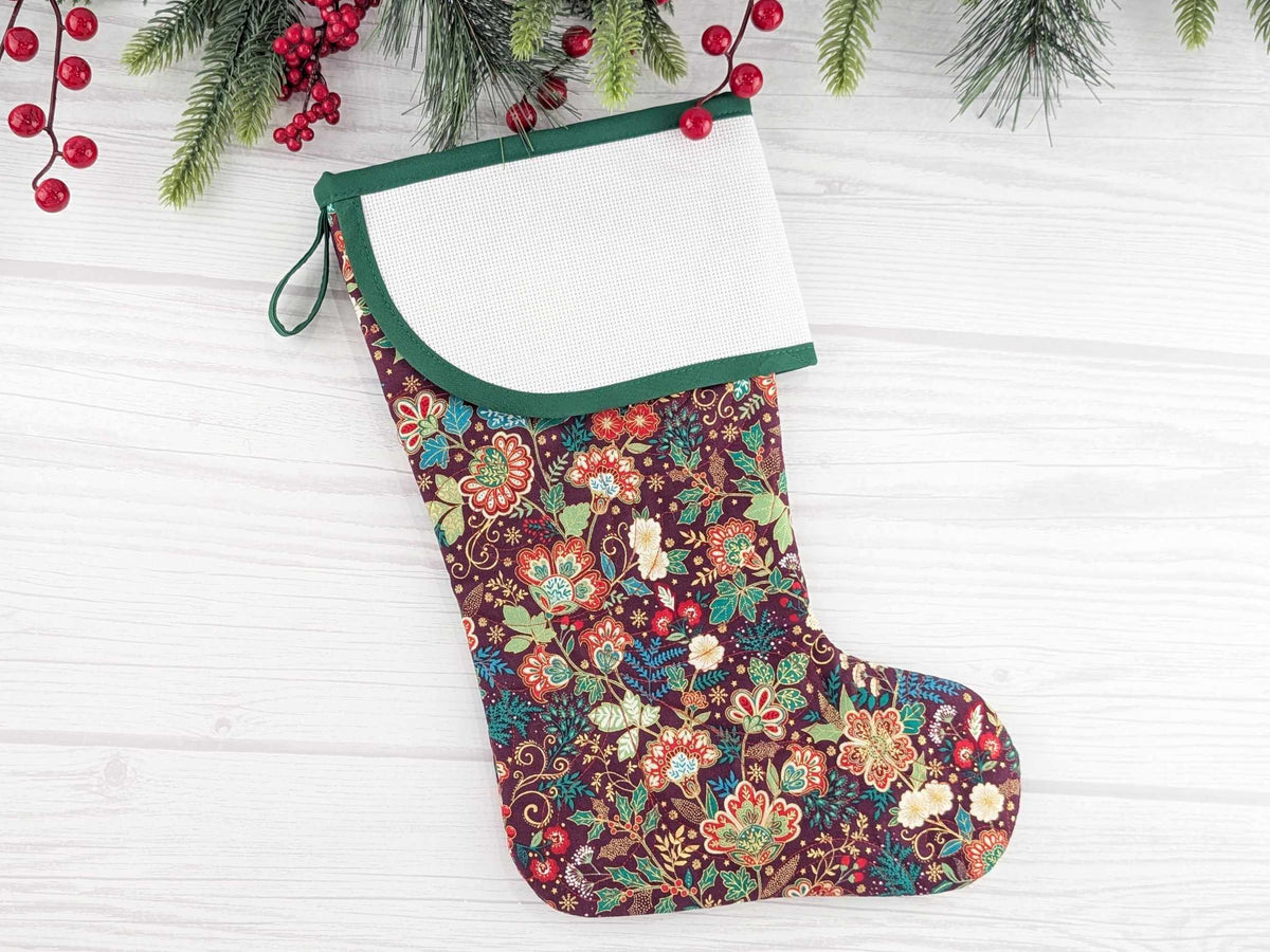 Blank Burgandy Floral Christmas Stocking with Cross Stitchable Cuff - Curved Style