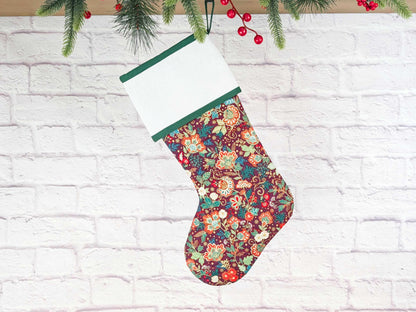 Blank Burgandy Floral Christmas Stocking with Cross Stitchable Cuff - Straight Style