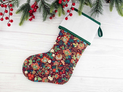 Blank Burgandy Floral Christmas Stocking with Cross Stitchable Cuff - Straight Style