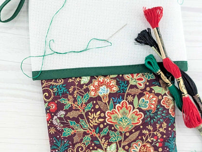 Blank Burgandy Floral Christmas Stocking with Cross Stitchable Cuff - Straight Style