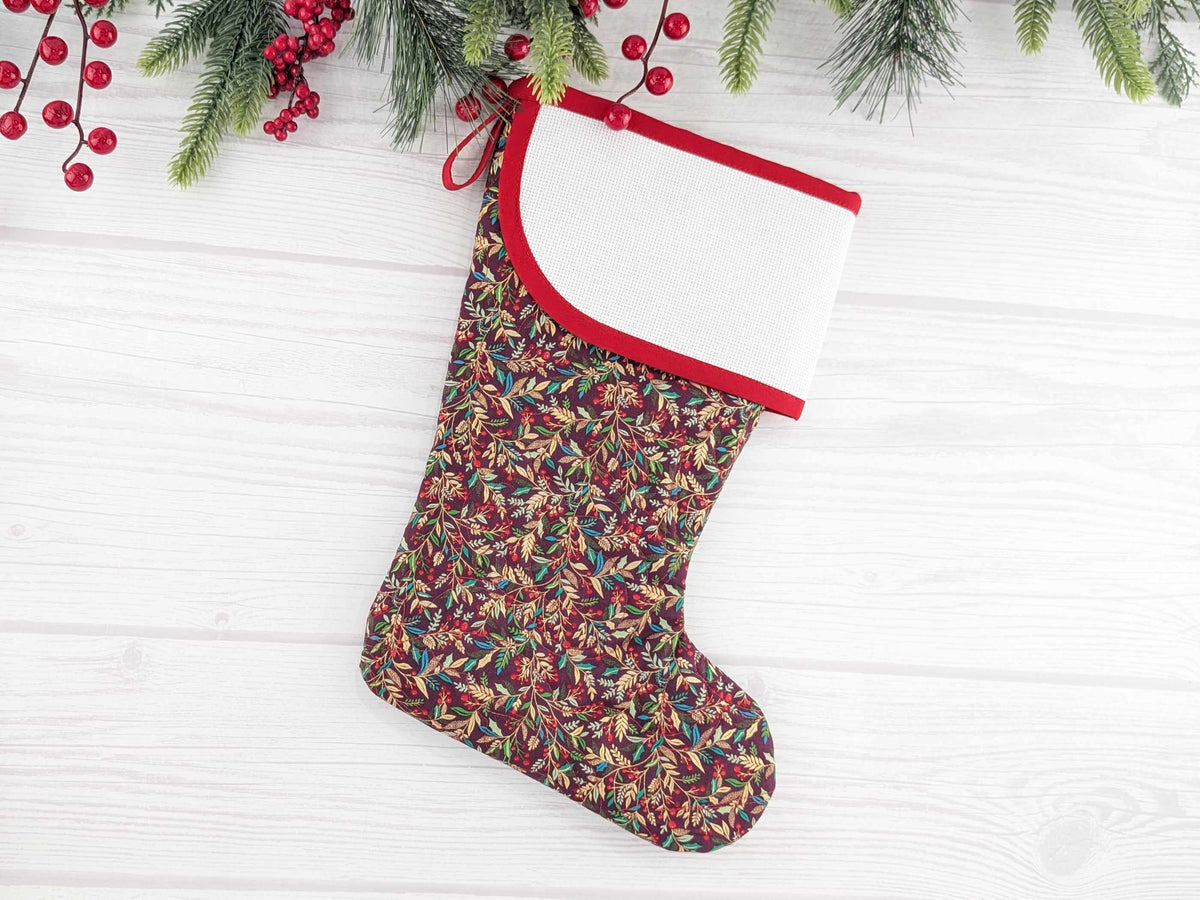 Blank Burgandy Holly Christmas Stocking with Cross Stitchable Cuff - Curved Style