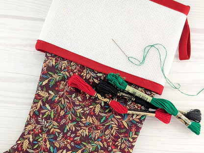 Blank Burgandy Holly Christmas Stocking with Cross Stitchable Cuff - Straight Style