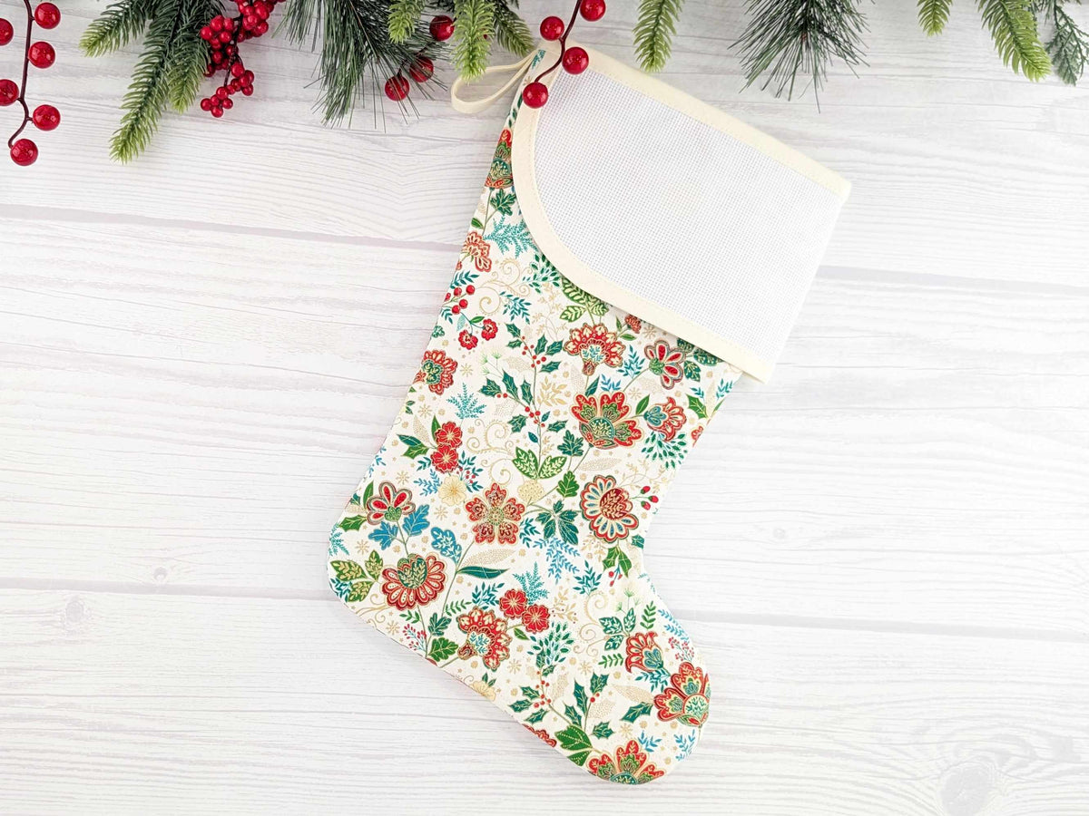 Blank Cream Floral Christmas Stocking with Cross Stitchable Cuff - Curved Style