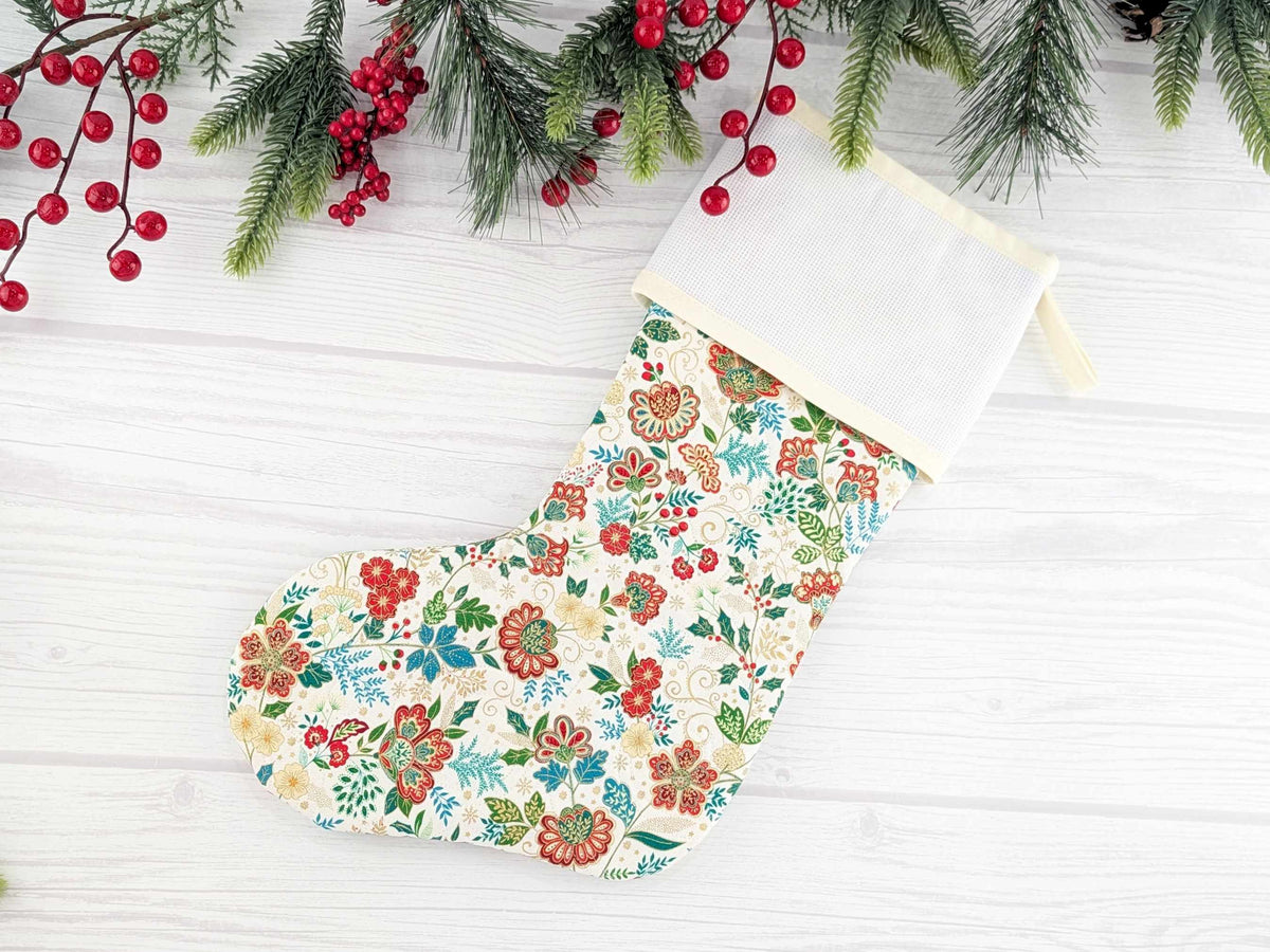 Blank Cream Floral Christmas Stocking with Cross Stitchable Cuff - Straight Style