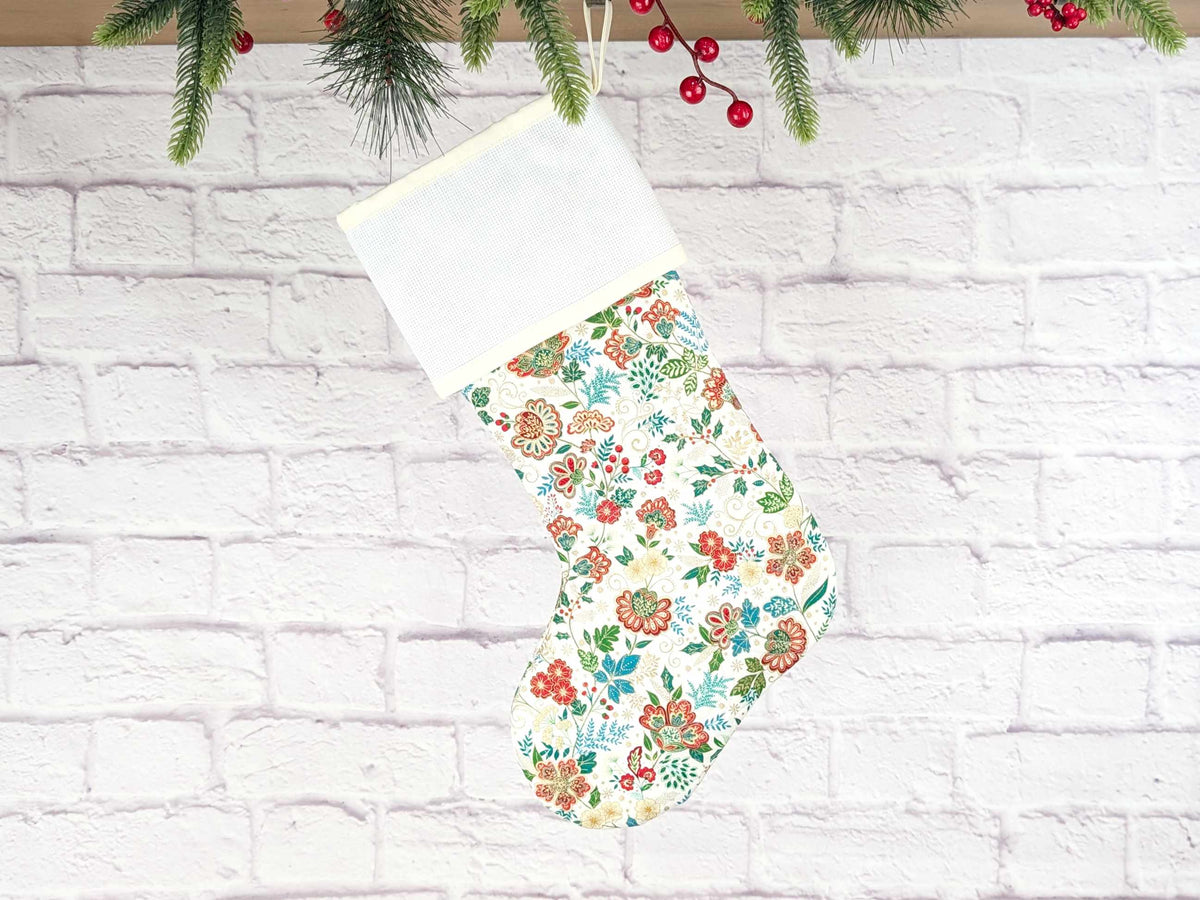 Blank Cream Floral Christmas Stocking with Cross Stitchable Cuff - Straight Style
