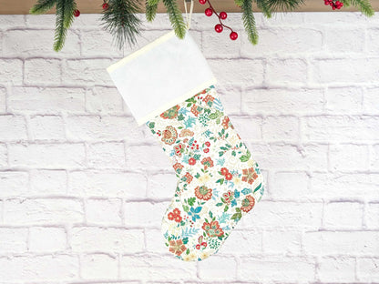 Blank Cream Floral Christmas Stocking with Cross Stitchable Cuff - Straight Style