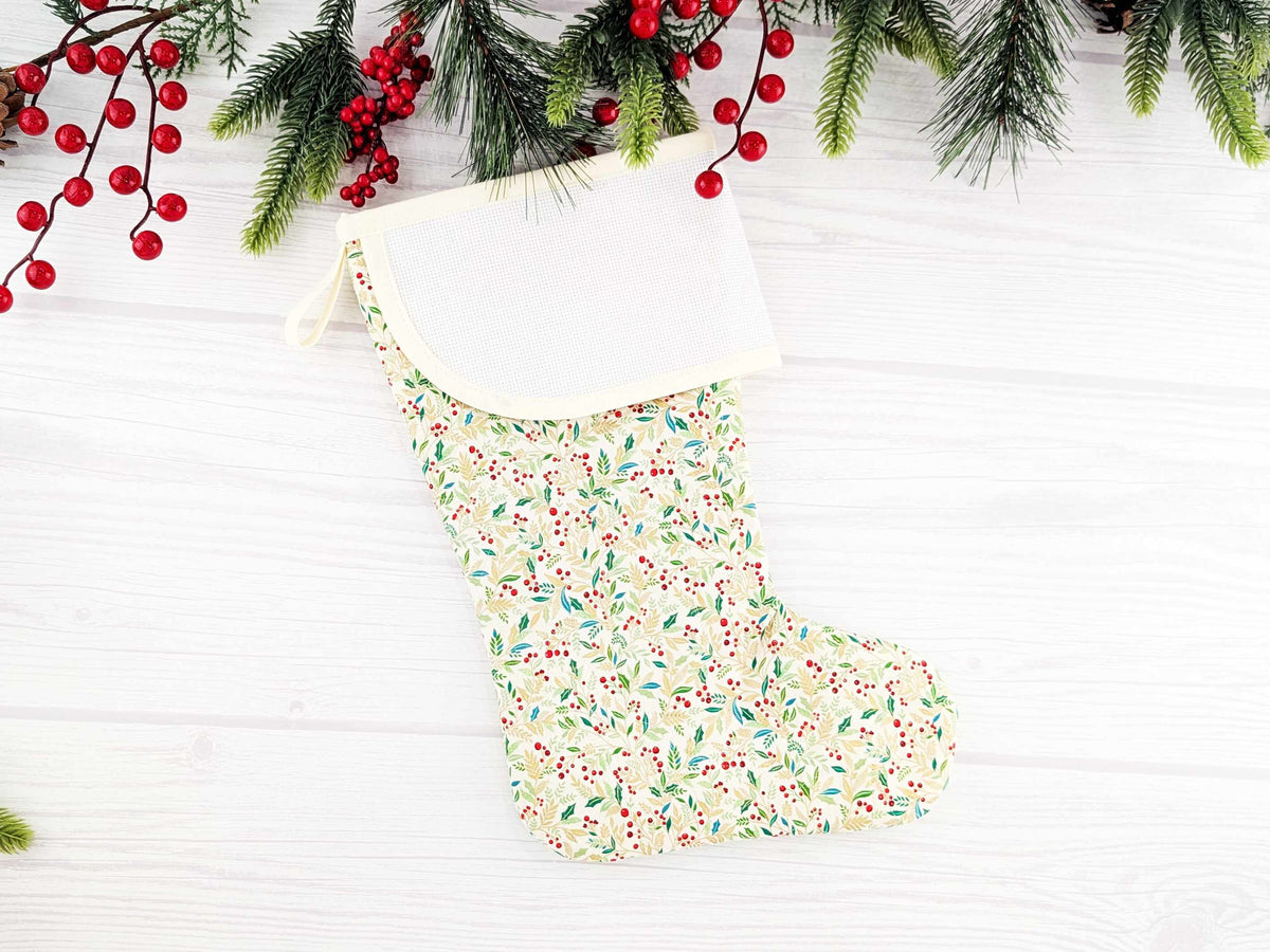 Blank Cream Holly Christmas Stocking with Cross Stitchable Cuff - Curved Style