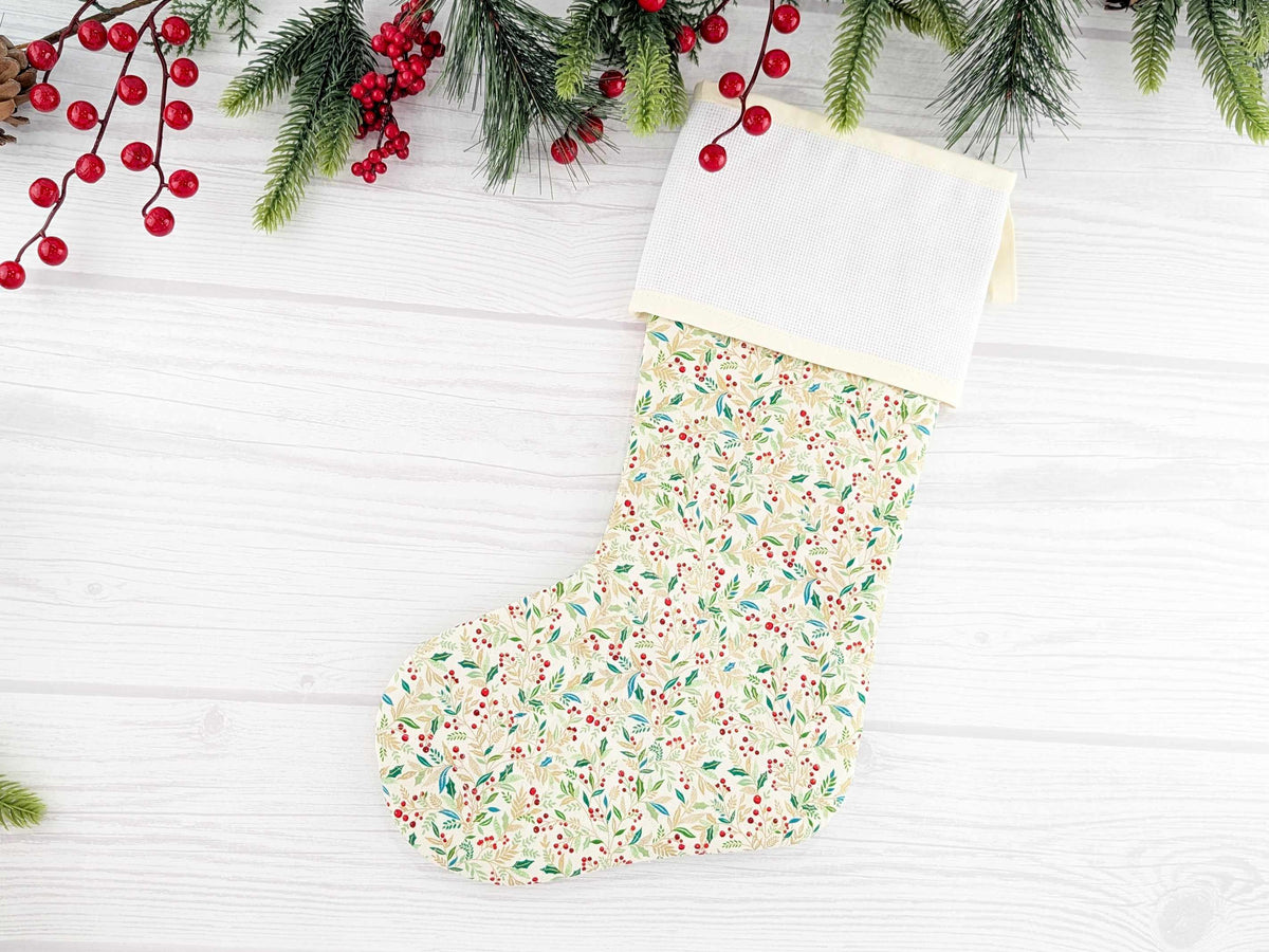 Blank Cream Holly Christmas Stocking with Cross Stitchable Cuff - Straight Style