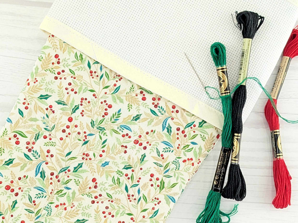 Blank Cream Holly Christmas Stocking with Cross Stitchable Cuff - Straight Style