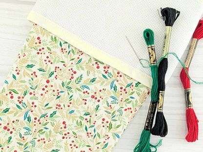 Blank Cream Holly Christmas Stocking with Cross Stitchable Cuff - Straight Style