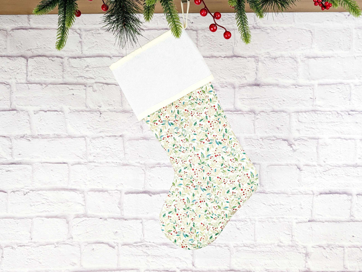Blank Cream Holly Christmas Stocking with Cross Stitchable Cuff - Straight Style