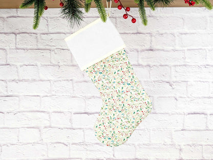 Blank Cream Holly Christmas Stocking with Cross Stitchable Cuff - Straight Style