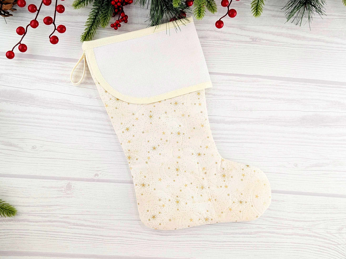 Blank Cream Sparkle Christmas Stocking with Cross Stitchable Cuff - Curved Style