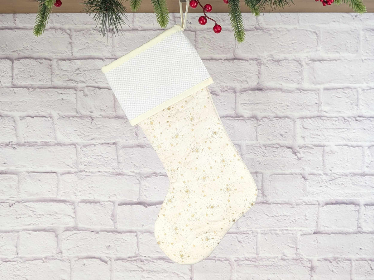 Blank Cream Sparkle Christmas Stocking with Cross Stitchable Cuff - Straight Style