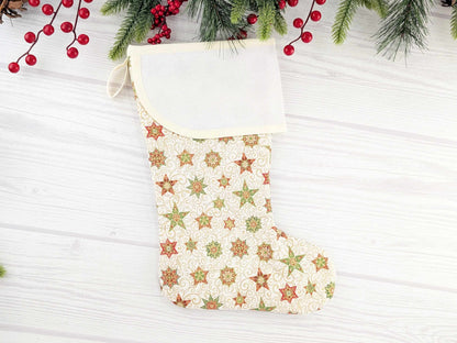 Blank Cream Stars Christmas Stocking with Cross Stitchable Cuff - Curved Style