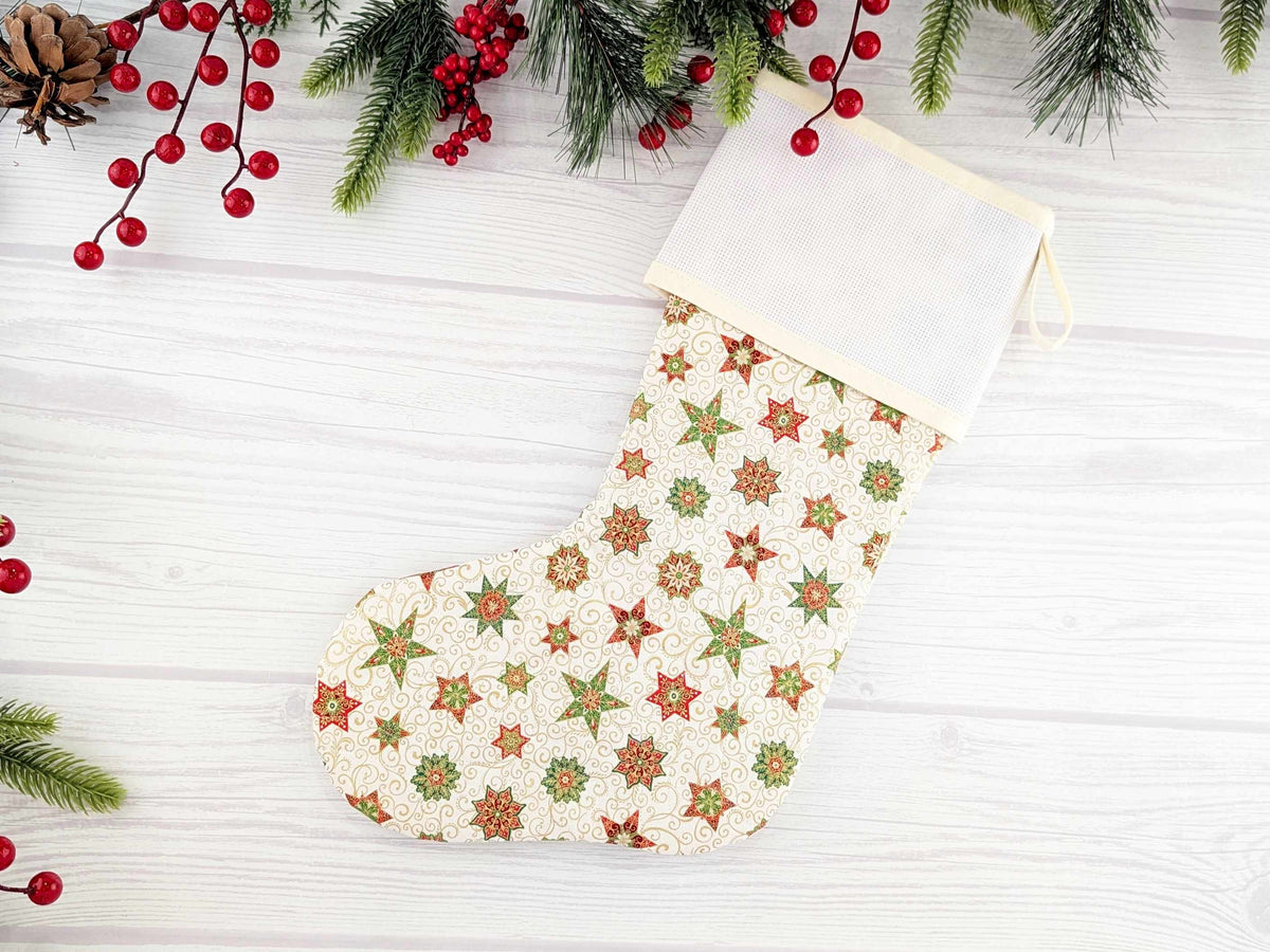 Blank Cream Stars Christmas Stocking with Cross Stitchable Cuff - Straight Style