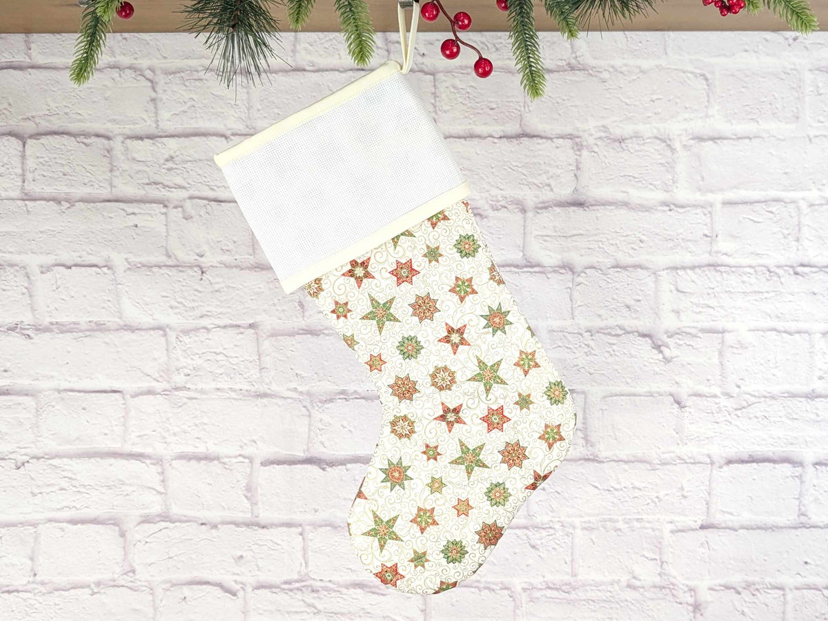 Blank Cream Stars Christmas Stocking with Cross Stitchable Cuff - Straight Style