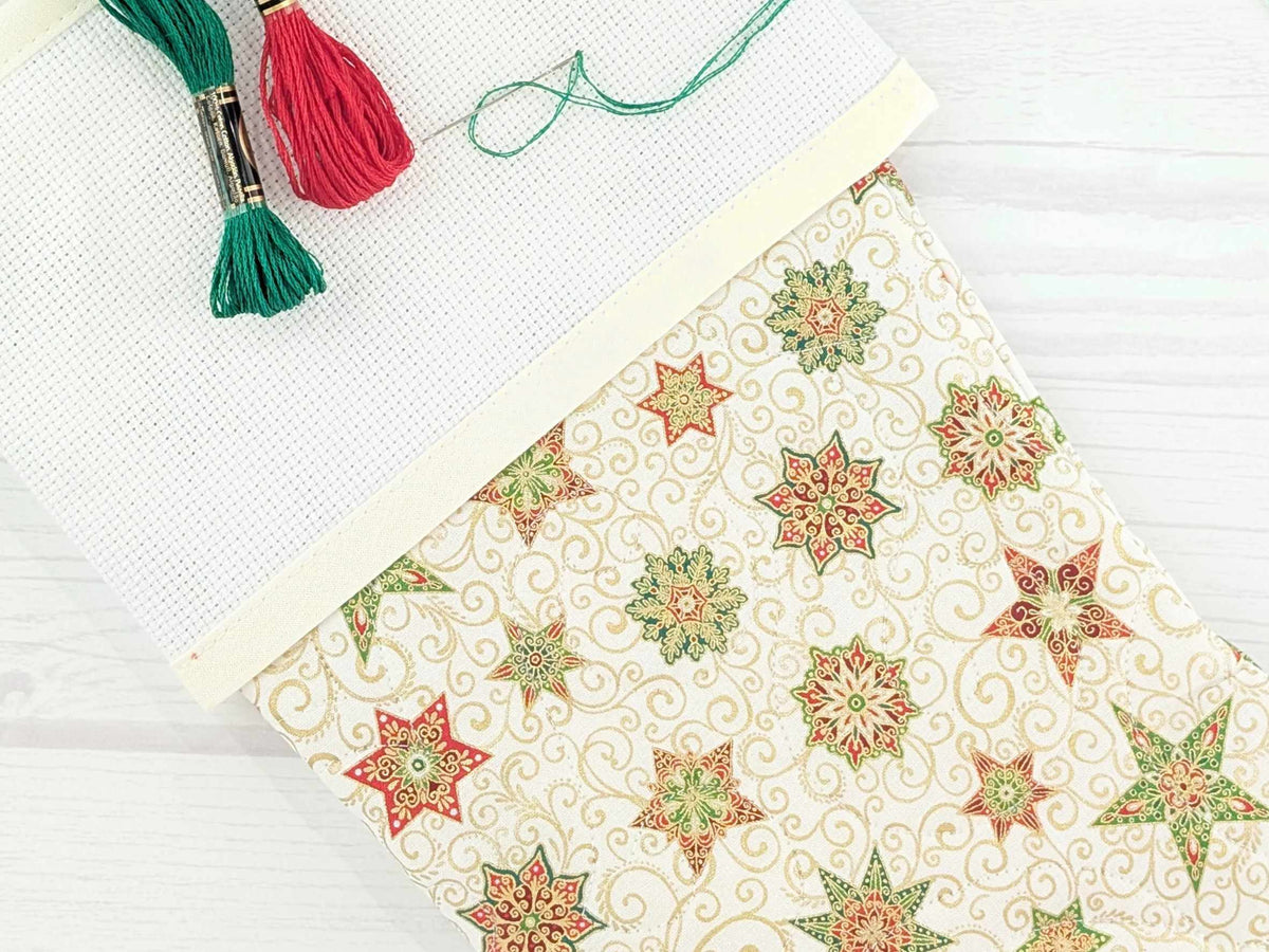 Blank Cream Stars Christmas Stocking with Cross Stitchable Cuff - Straight Style