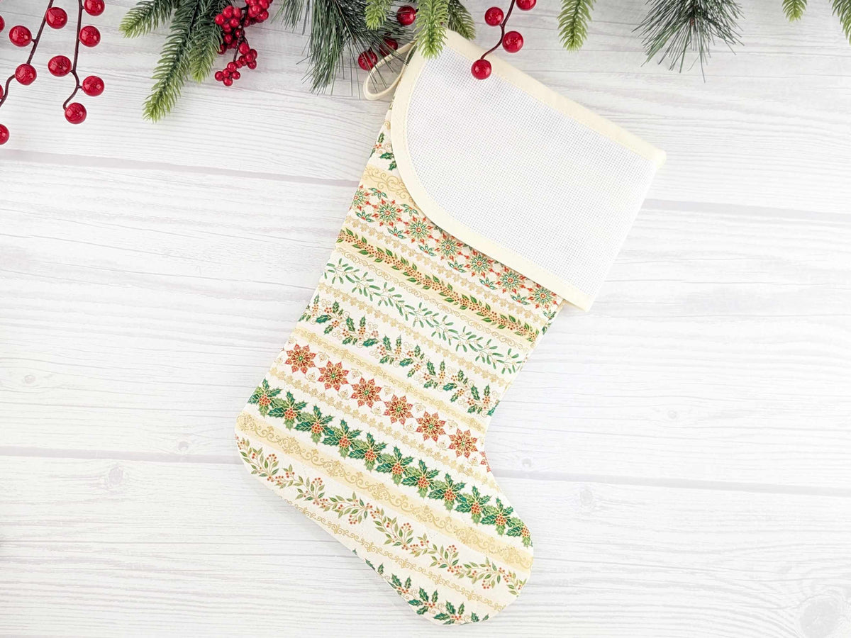 Blank Cream Stripe Christmas Stocking with Cross Stitchable Cuff - Curved Style