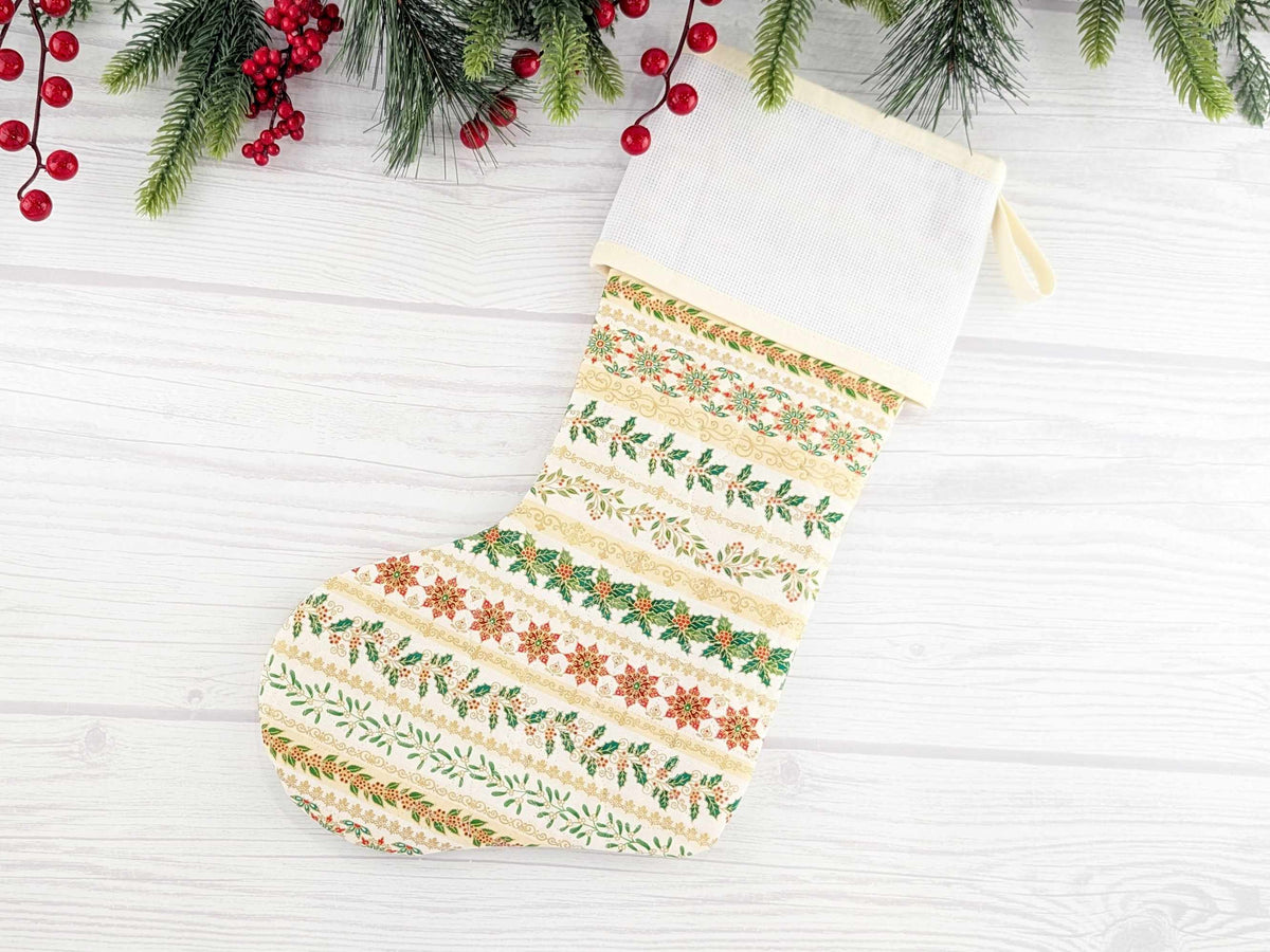 Blank Cream Stripe Christmas Stocking with Cross Stitchable Cuff - Straight Style