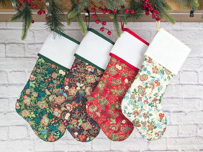 Blank Burgandy Floral Christmas Stocking with Cross Stitchable Cuff - Straight Style