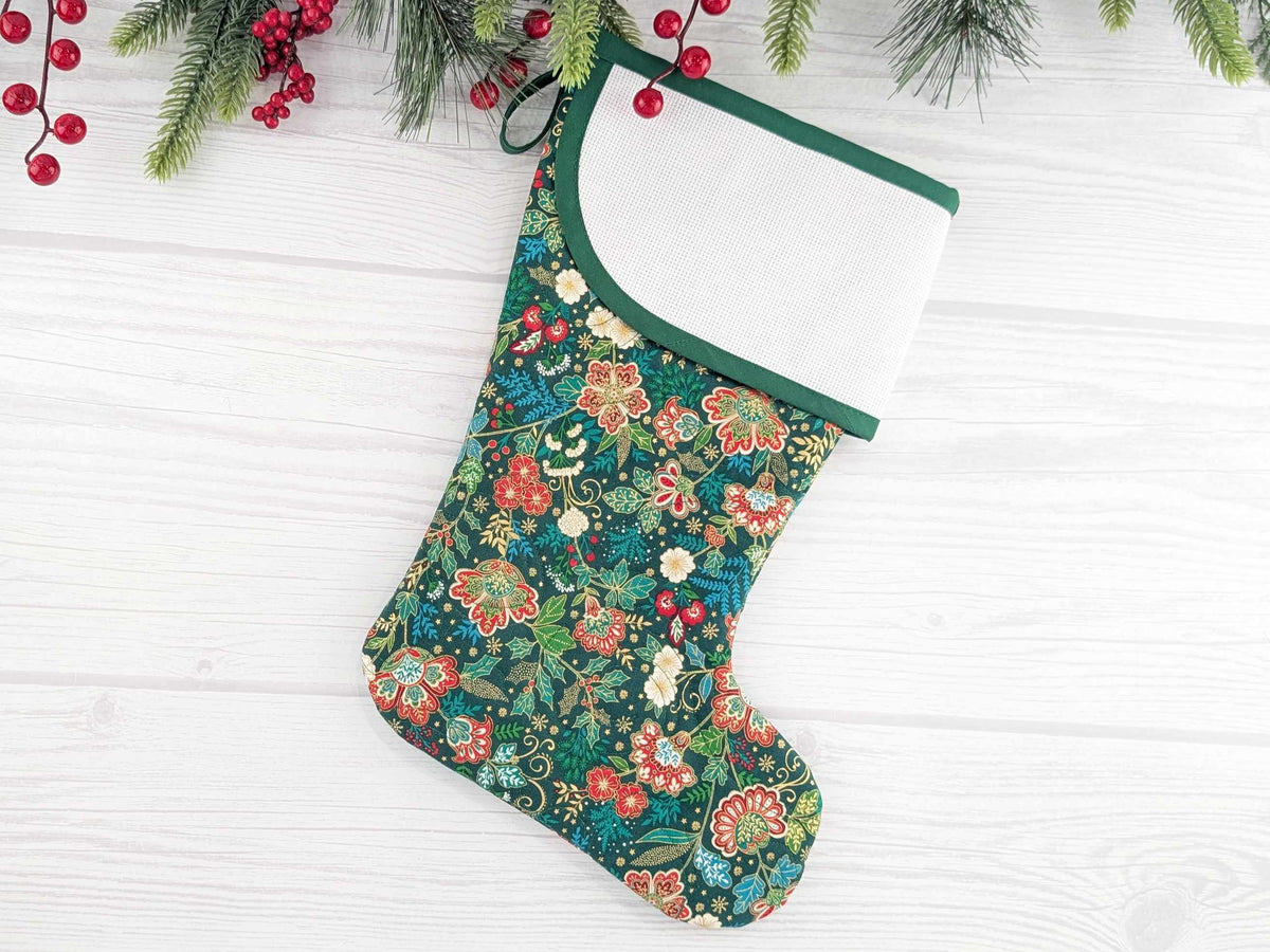 Blank Green Floral Christmas Stocking with Cross Stitchable Cuff - Curved Style