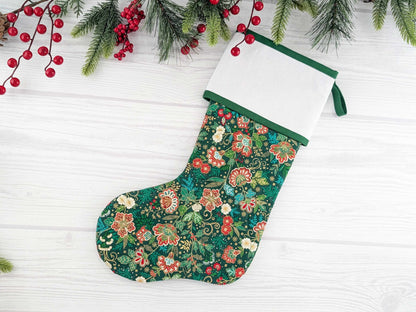 Blank Green Floral Christmas Stocking with Cross Stitchable Cuff - Straight Style