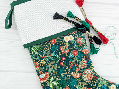Blank Green Floral Christmas Stocking with Cross Stitchable Cuff - Straight Style