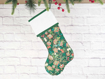 Blank Green Floral Christmas Stocking with Cross Stitchable Cuff - Straight Style