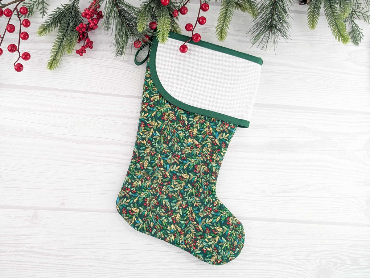 Blank Green Holly Christmas Stocking with Cross Stitchable Cuff - Curved Style