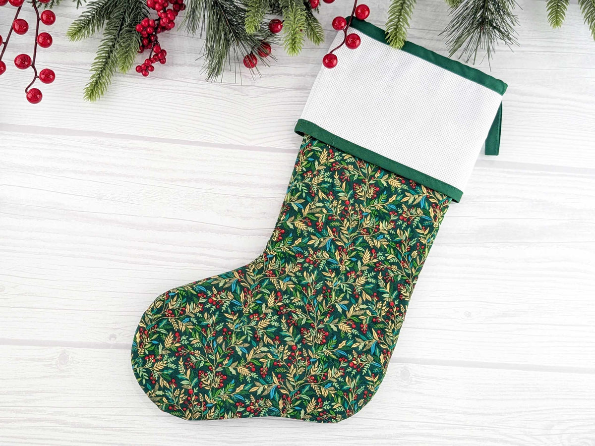 Blank Green Holly Christmas Stocking with Cross Stitchable Cuff - Straight Style