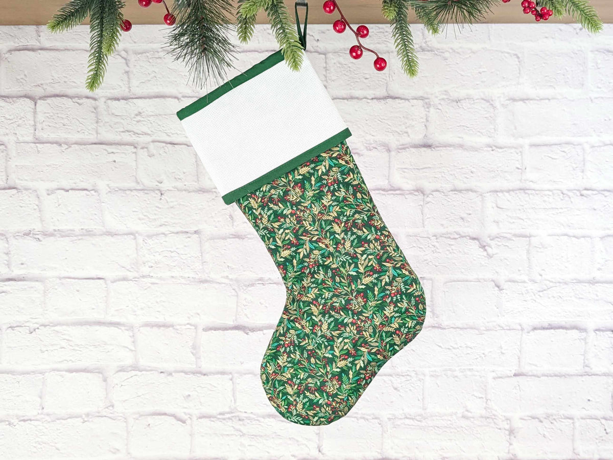 Blank Green Holly Christmas Stocking with Cross Stitchable Cuff - Straight Style