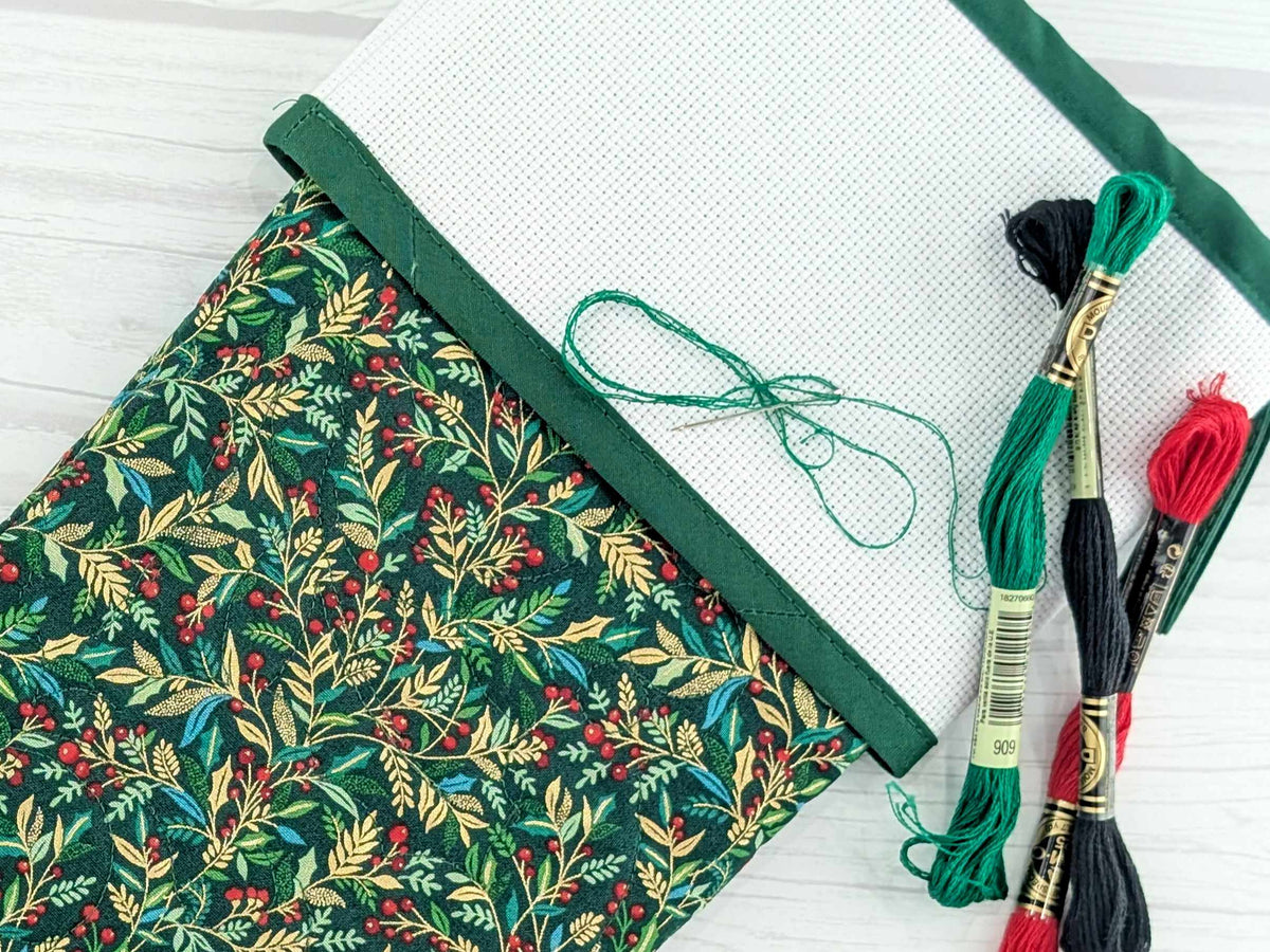 Blank Green Holly Christmas Stocking with Cross Stitchable Cuff - Straight Style