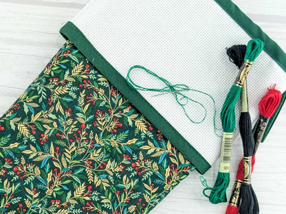 Blank Green Holly Christmas Stocking with Cross Stitchable Cuff - Straight Style