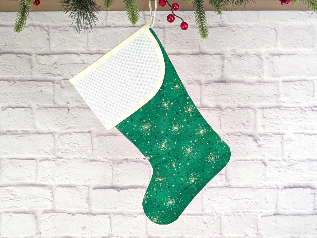 Blank Green Sparkle Christmas Stocking with Cross Stitchable Cuff - Curved Style